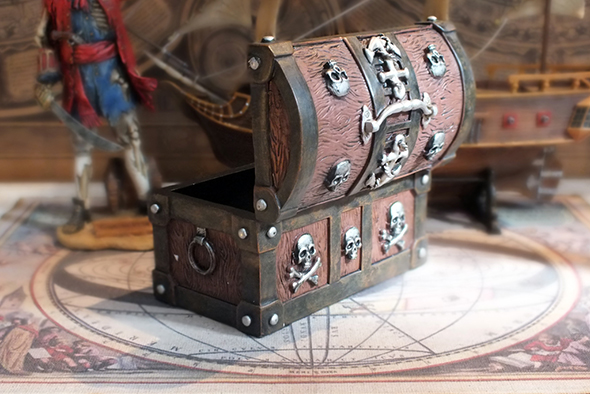 パイレーツスカル チェスト スカルボックス(海賊宝箱)  Wooden Pirate Skull Treasure Chest Box 
